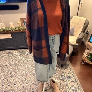 American Eagle Outfitters Navy and Orange Plaid Cardigan